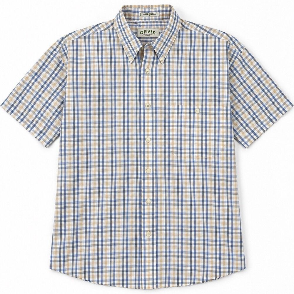 Orvis Wrinkle-Free Plaid Shirt Blue Yellow 100% Cotton Short Sleeve Men's XL